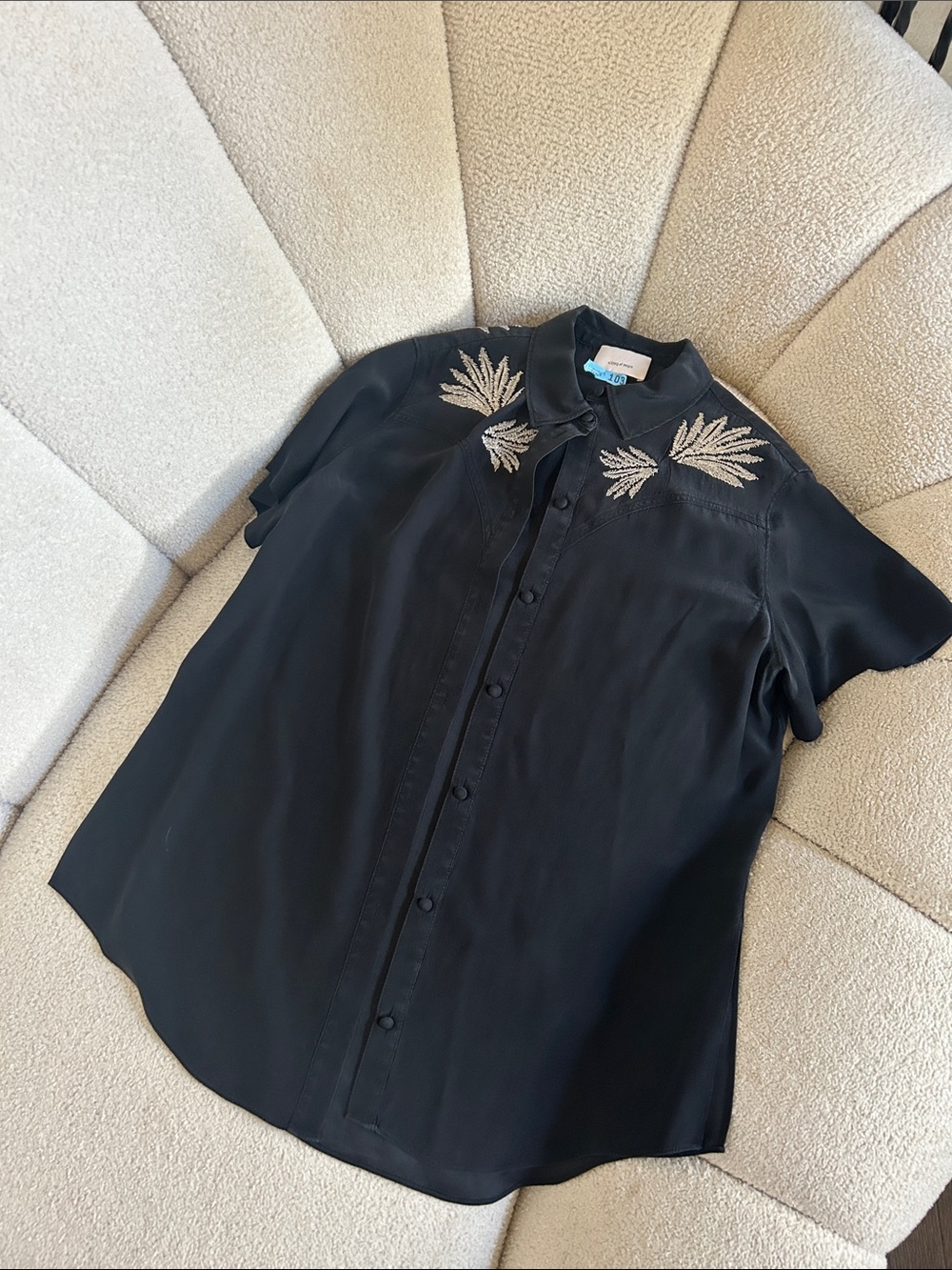 Miu Miu Black Short-Sleeve Button-Down Top with Metallic Embroidery